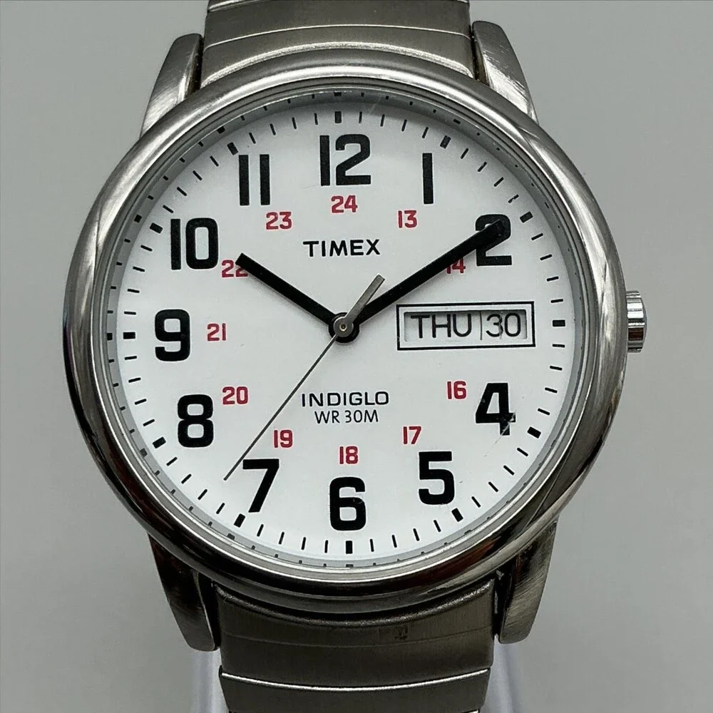 Timex Men Watch 35mm White Dial Silver Tone Stretch Indiglo Day Date New Battery